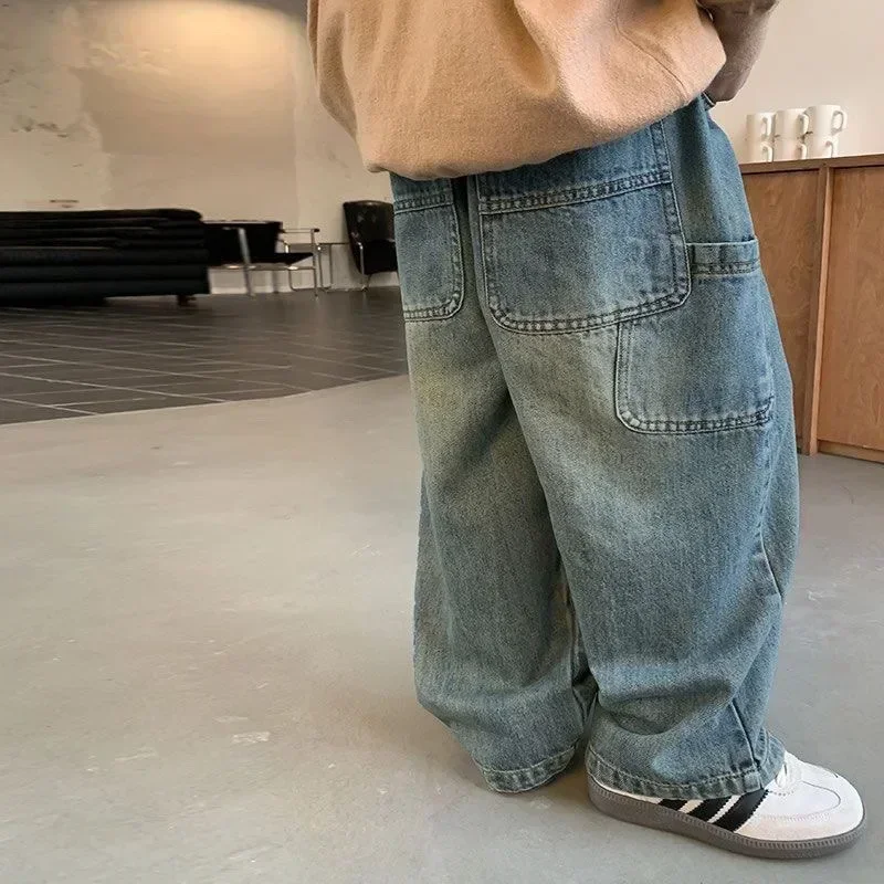New Children's Denim Pants 2025 Spring Summer New Girls' Wide-leg Pants 2-7Year Boy's Jeans Casual Big Pocket Trousers for Kids