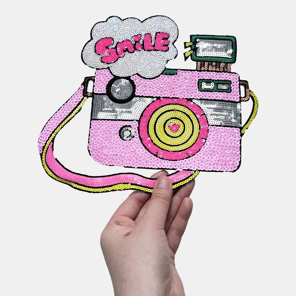 1 Piece 23*20 cm Sequined Camera Patch Fashion Shining Iron on Patch for Clothing DIY Decoration Accessories Back Adhesive