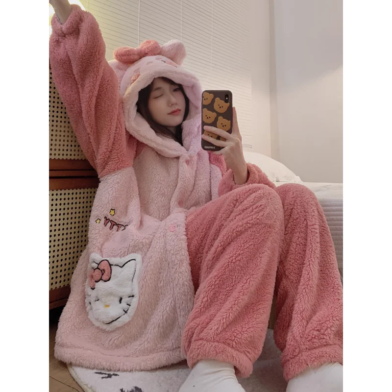 Sanrio Hello Kitty Pajamas Hooded Cardigan Pajamas Women\'s Autumn and Winter Coral Fleece Thickened Women\'s Pajamas Homewear Set