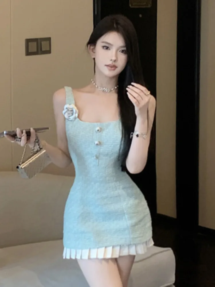 Korean Sweet Small Fragrance Tweed Dresses For Women 2023 French Fashion 3D Flower Summer Dress Hotsweet Sexy Tank Party Dress