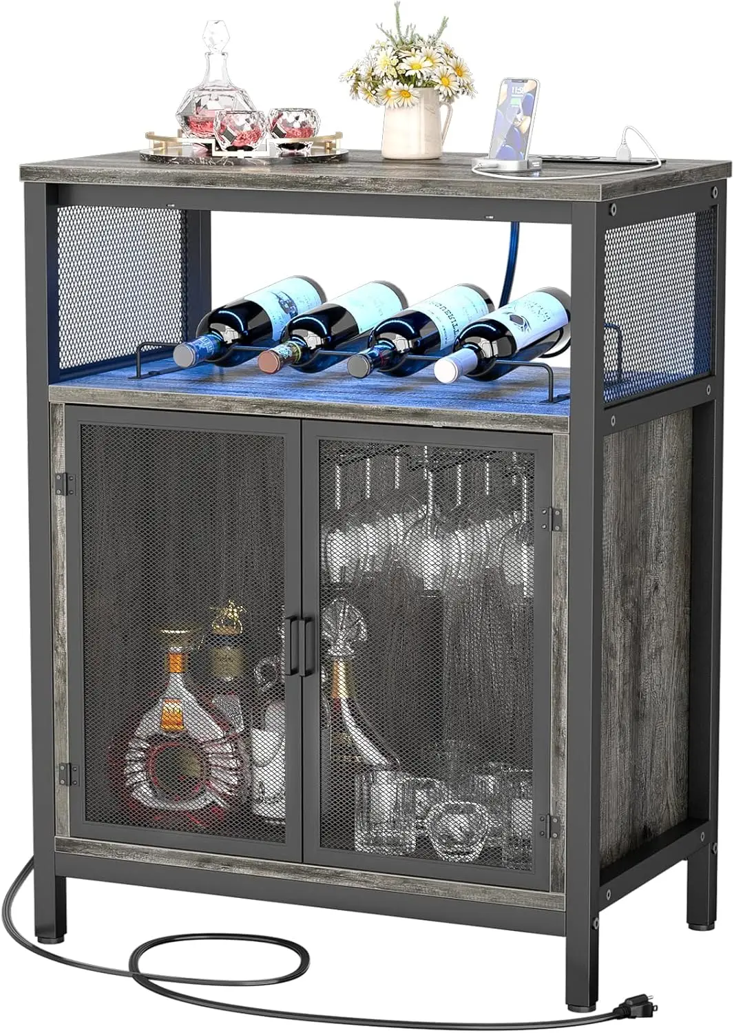 

Wine Bar Cabinet with RGB Light and Outlet, FreeStanding Wine Rack Table, Liquor Cabinet with Glass Holder, Floor Bar Cabinet f