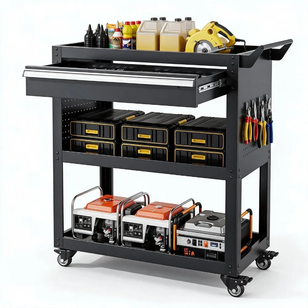 3-Tier Rolling Tool Cart with Drawer & Pegboard, Heavy Duty Tool Cart on Wheels, 750 LBS Load Capacity, Metal Utility Work Cart