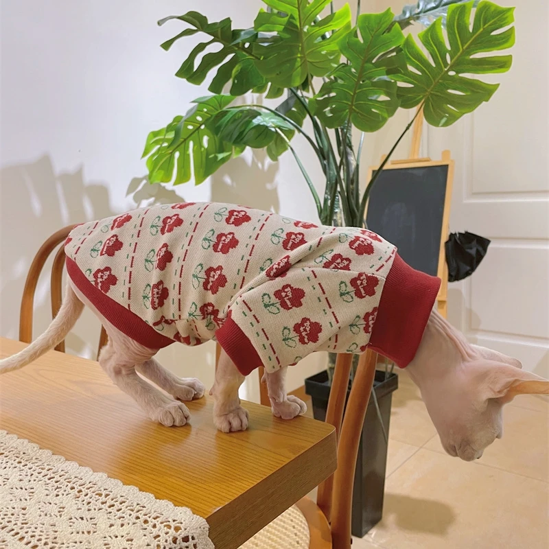 Soft Cotton Coat for Sphynx Cat Clothes Red Floral Sweatshirt in Spring for Kittens Sweet Costume Long Sleeves for Female Cats