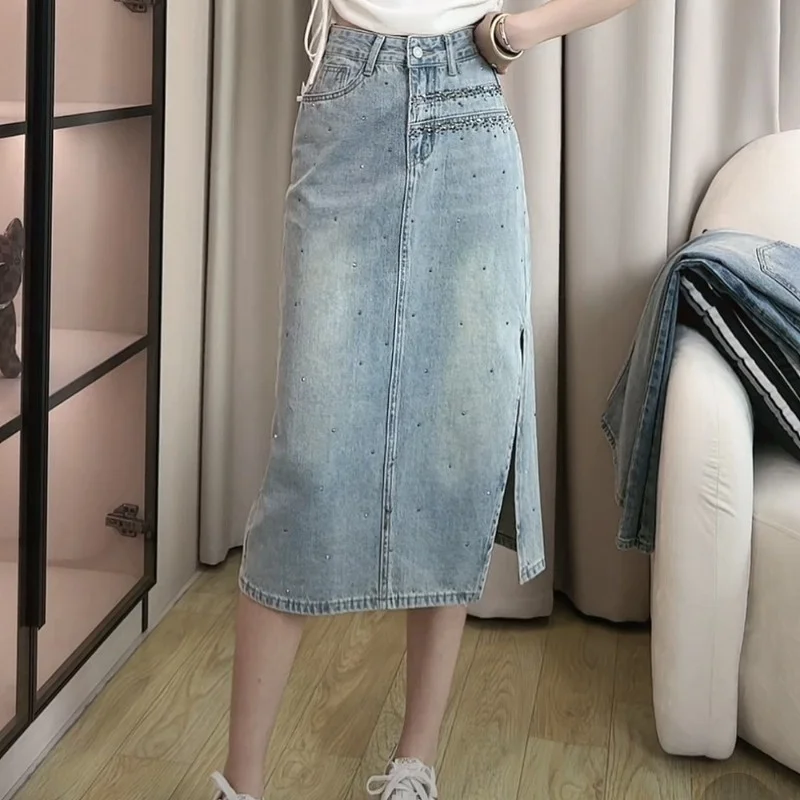 

Джинсовая юбка миди с эффектом похудения, украшенная стразами, А-силуэт, корейский стиль, с разрезом спереди, с завышенной талией, для повседневной носки, модная, для женщин