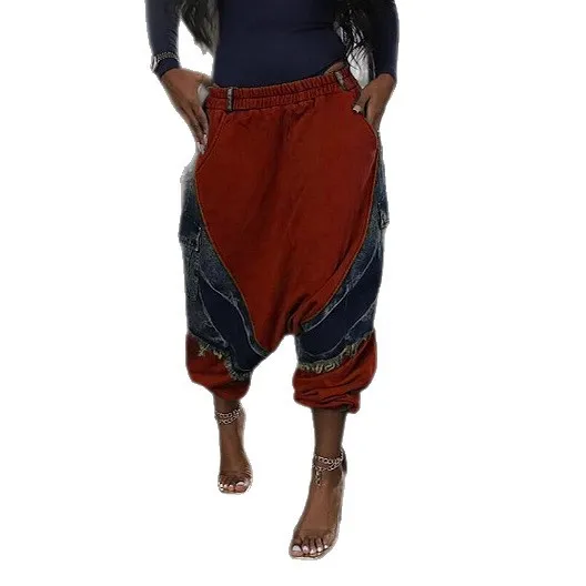 

Denim Jeans Women Loose Cargo Pants Stitching Patchwork Hipster Design Harem Trousers Hip Hop Modern Stylish Streetwear