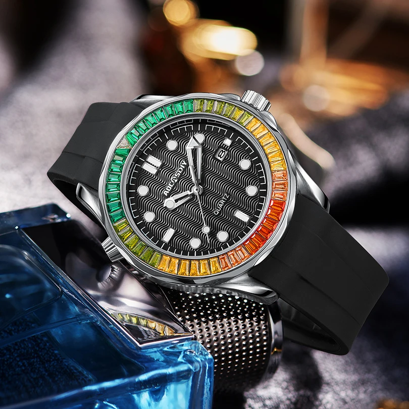 

Luxury Men Watch Colorful Diamond Silicone Rubber Band Reloj with Calendar Male Quartz Wristwatch Business Man Green Band Clock