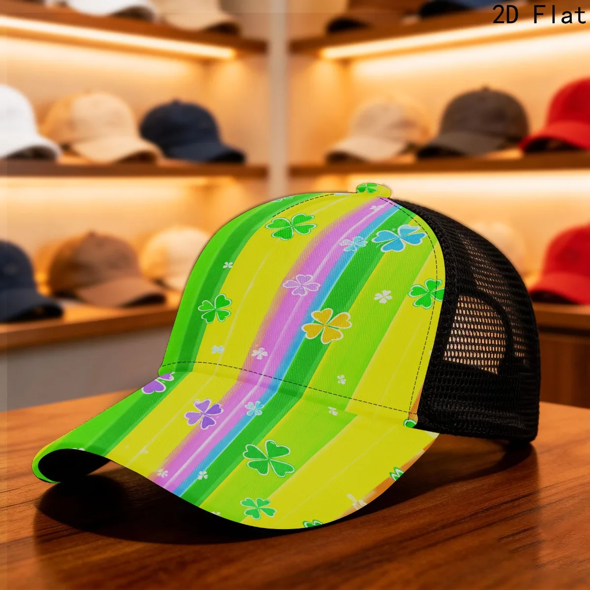 Men' Women' Lightweight Sporty Cap with Clover Stripes Semi-Mesh Design - 5-Panel Round Top, Curved Brim