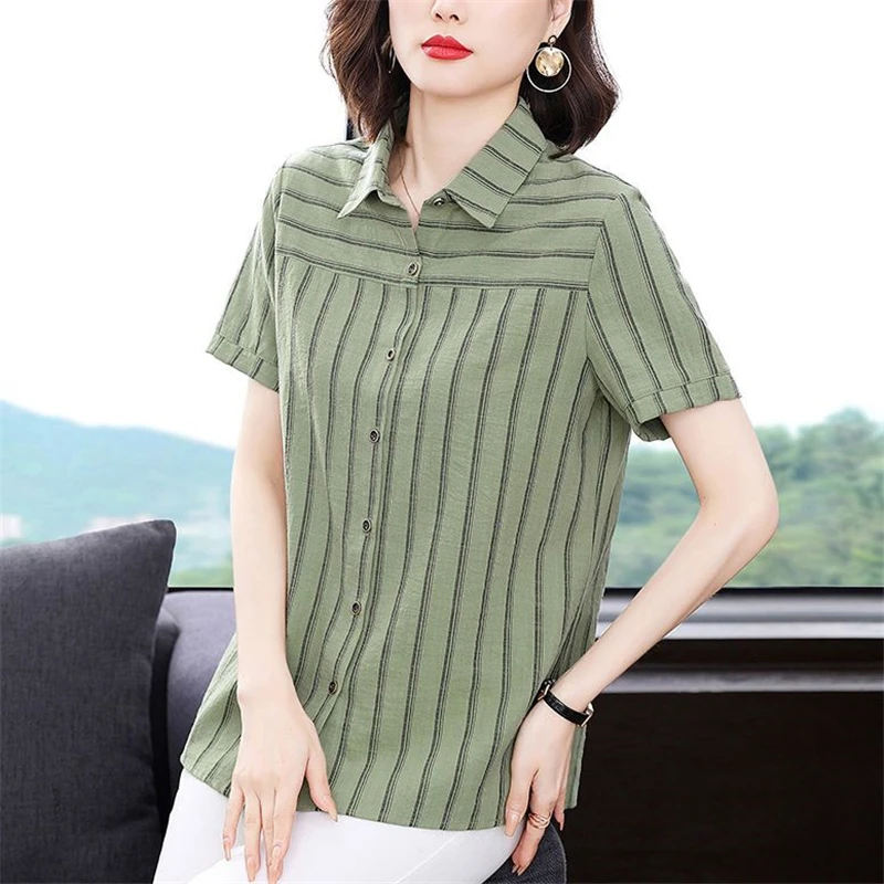 Elegant Korean Fashion Striped Print Cotton Button Up Shirts 2023 Summer Casual Simple Short Sleeve Loose Tops Blouses for Women