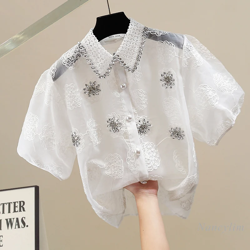 

Fashion Diamond Embroidery Blouse, Women's White Lace Shirt, Short Sleeve Versatile Top, 2025 Blusas Mujer