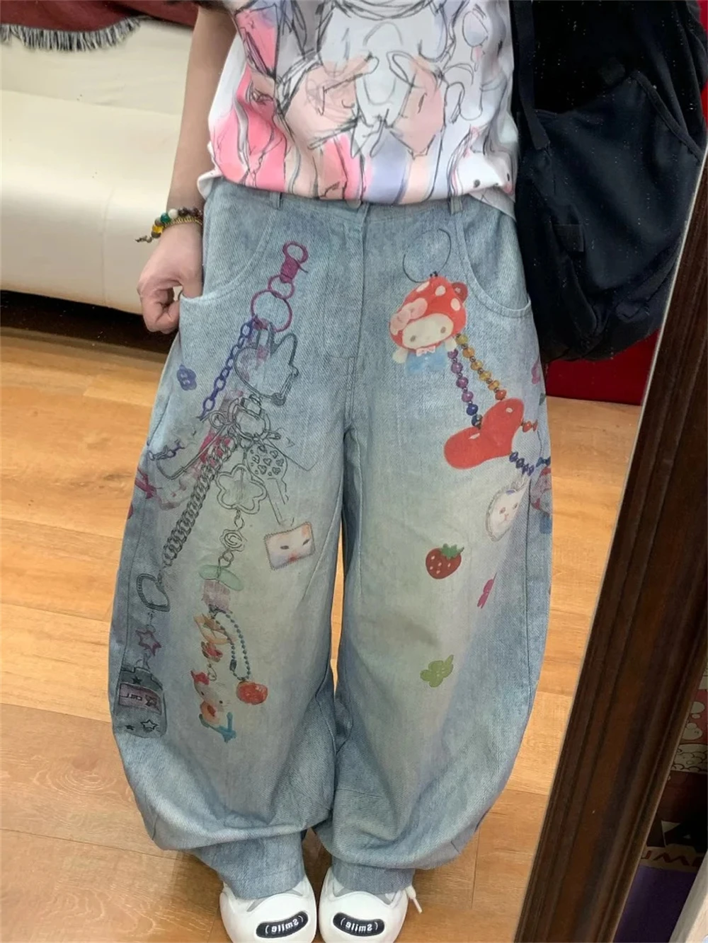 سراويل جينز نسائية أمريكية ريترو واسعة تناسب فضفاضة من قماش الدنيم Y2k فيبي سراويل واسعة الأرجل سراويل عالية الشارع يابانية جديدة