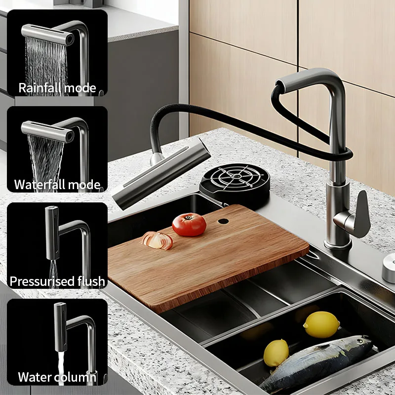 

Pull-out Waterfall tap Large Single Slot Household Kitchen sink Equipped with large slag collection net and Cup washer