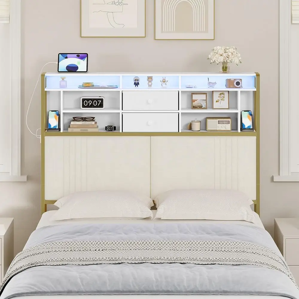 

3-Tier Storage Shelves Velvet Upholstered Bed with Outlet, 2 USB Ports, LED Light, Full Size Bed with Fabric Drawers, White and