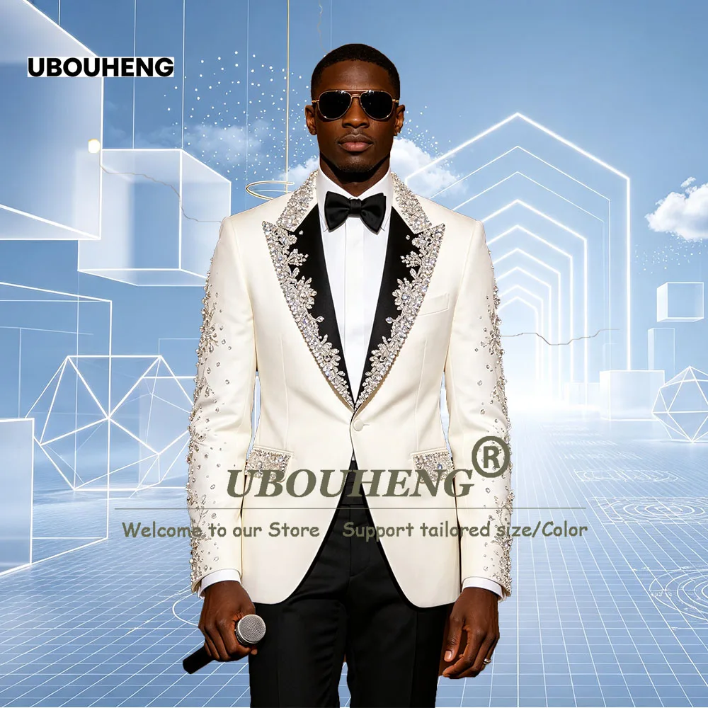 Brilliant Crystals Beading Men's Suit Attire Customized Peak Lapel Prom Blazer With Black Pants 2 Piece Sets Groom Tuxedo 2027
