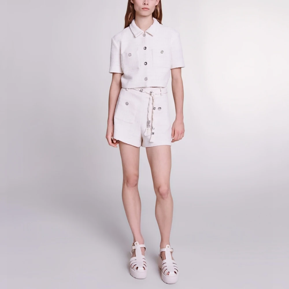 

Женская клетчатая твидовая куртка с коротким рукавом, шорты с поясом, осень 2024