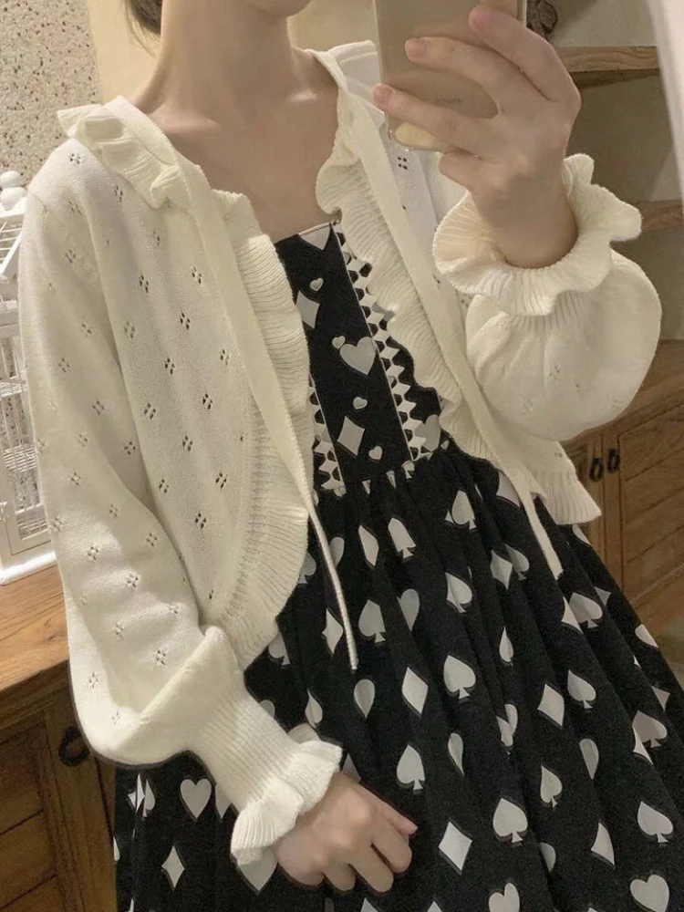 KOSAHIKI Japanese Kawaii Lolita Cardigan Women Vintage Lantern Sleeve Thin Ruffle Sweater Coat Knitted Kardigany Girls Cute Tops