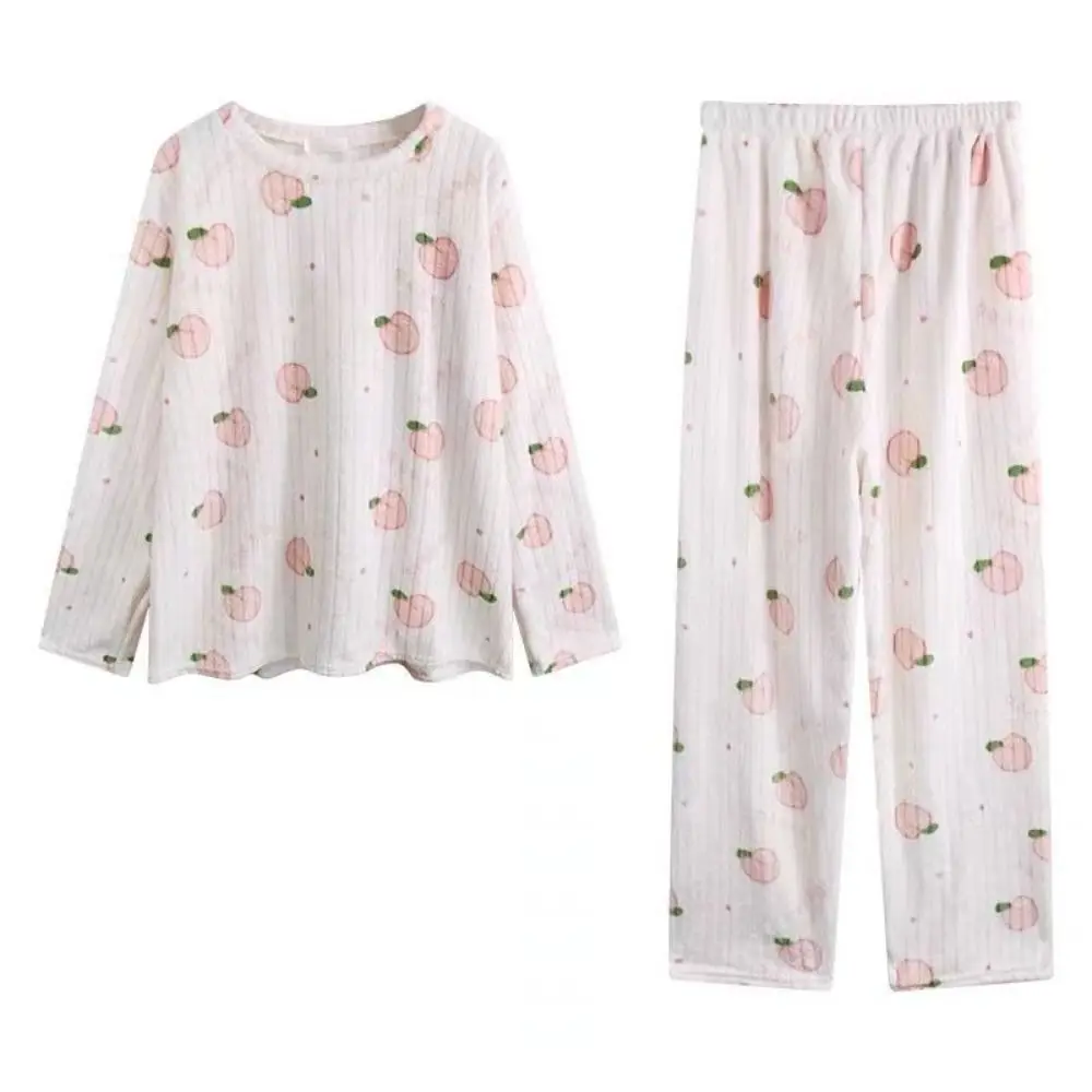 

Casual Cute Bear Velvet Sleepwear Set Peach Long Sleeve Pajama Suit Nightwear Flower Winter Thick Warm Pajamas Female