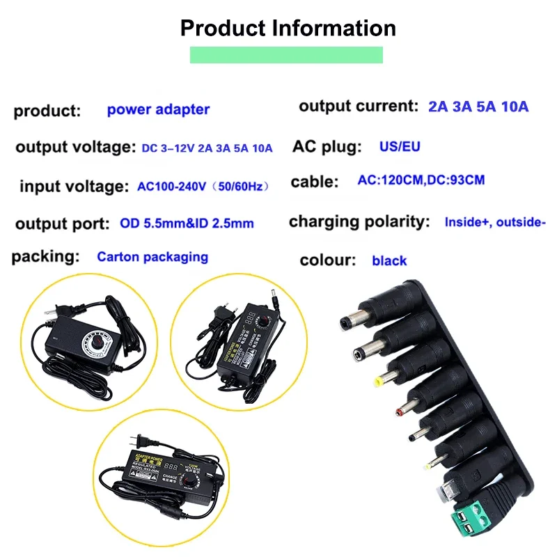 NEW 9-24V adjustable voltage DC power adapter stepless speed regulation dimming 3-12V 1A 2A 3A 5A 10A with display screen multi