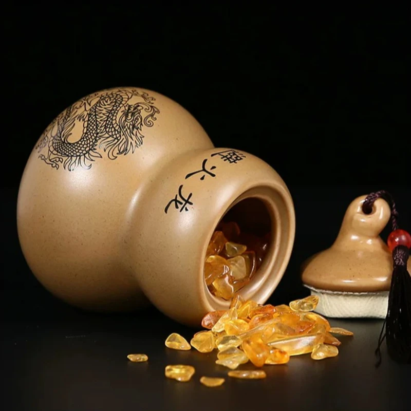 Chinese Style Clay Gourd Shaped Fire Dragon Repellent Jar Feng Shui Lucky Ornament Traditional Home Kitchen Decor Auspicious Hou