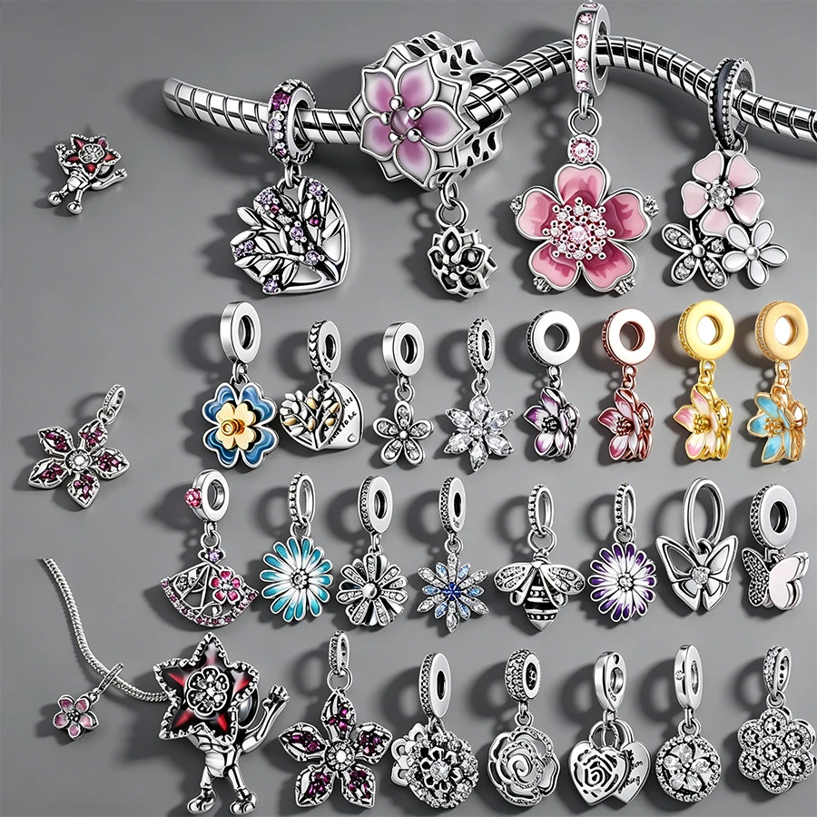 

Silver Plated Flower Charms for Bracelet DIY Jewelry Making Cherry Blossom Daisy Rose Butterfly Bee CZ Pendant Beads Women Gift