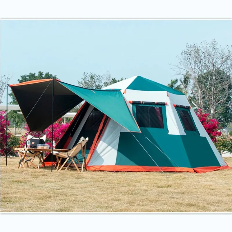 

Black Coated 2 Doors 4 Window Quick Open Long Hexagonal Aluminium Large Space Family Camping Outdoor Tent