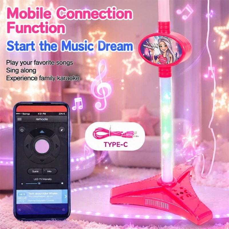 Light Up Karaoke Toy Set for Toddler with Guitar and Standing Microphone, Type-C Connection, Home Party Entertainment Play, 15UB