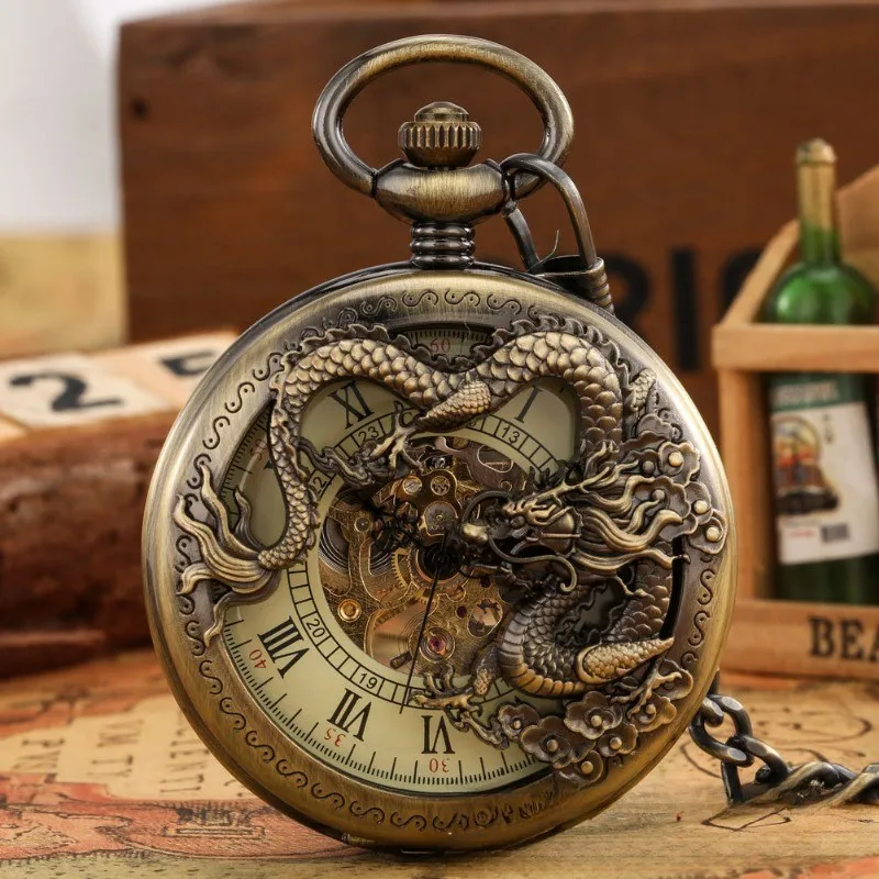 

Men's mechanical movement Roman digital dial pocket watch retro hollow dragon manual mechanical pocket watch