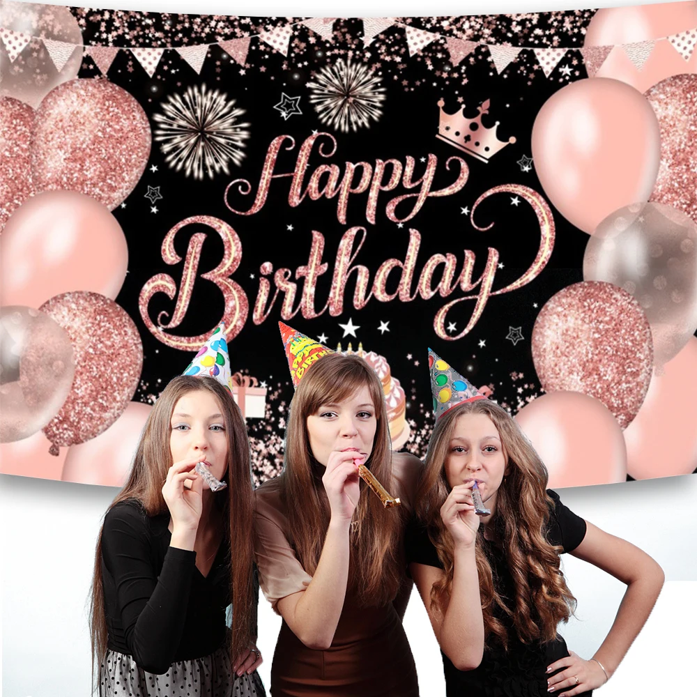 Black Golden Happy Birthday Backdrop Pink Banner 30th 40th 50th Birthday Party Backdrop Decor Photo Photography Background Props