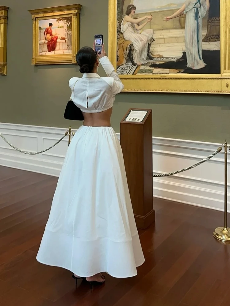 Женские белые юбки, комплект из двух предметов, сексуальный топ с v-образным вырезом и длинными рукавами + длинные юбки трапециевидной формы, костюмы для вечеринок, вечерние коктейльные комплекты