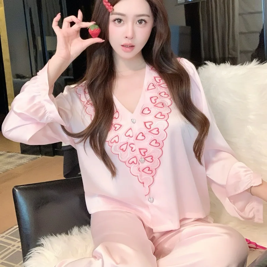 

Women's 2PCS Pajama Set Silk Satin Sleepwear Spring Autumn Long Sleeve Shirt Pants Pijama Homewear