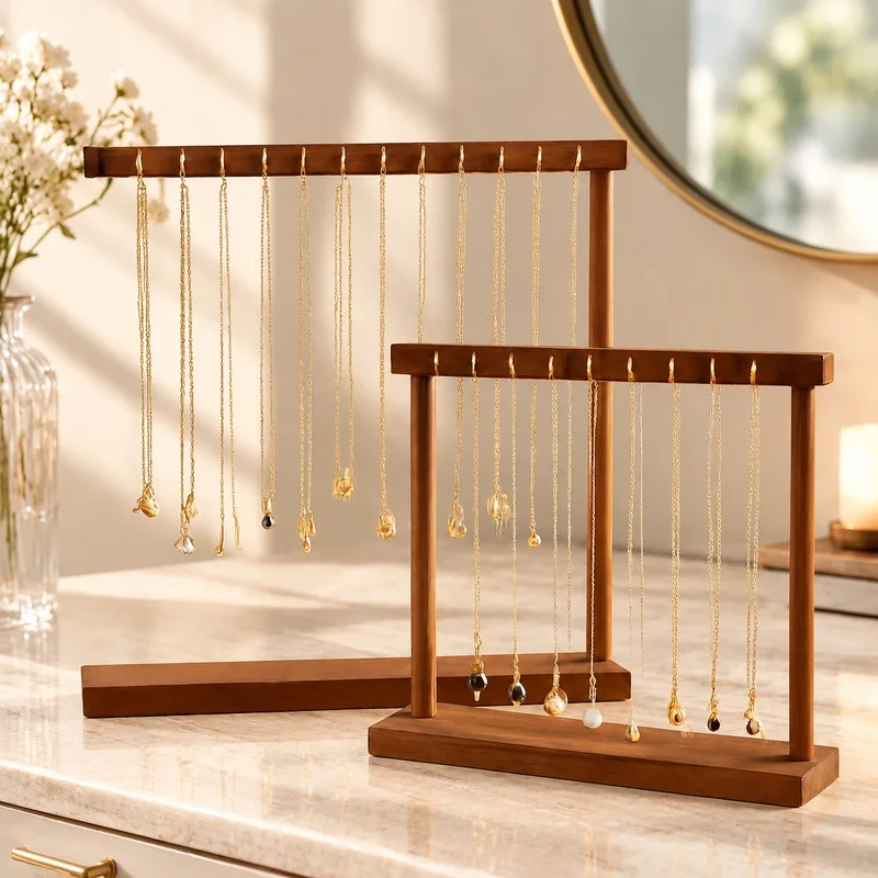 Wooden Jewelry Stand with Hanging Hooks for Necklaces, Bracelets, and Earrings - Compact Countertop Organizer