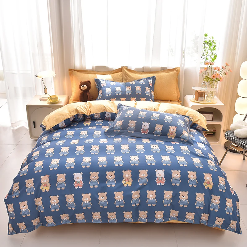 Cute Cartoon Bear 4Pcs Bedding Set Lovely Bear Print Duvet Cover Bed Sheet Pillowcases Soft Cozy Modern Home Bedroom Decoration