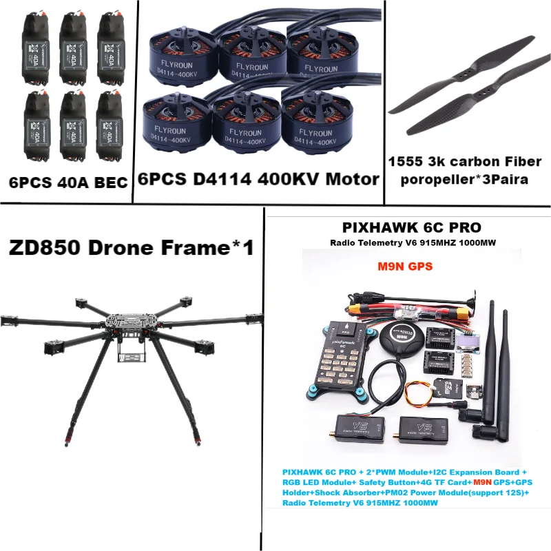 ZD850 6C PRO M8N M9N M10 Full Carbon Fiber 850mm Hexa-Rotor Frame BLHELI 40A ESC Flight Comtrol Rado Telemetrie Set
