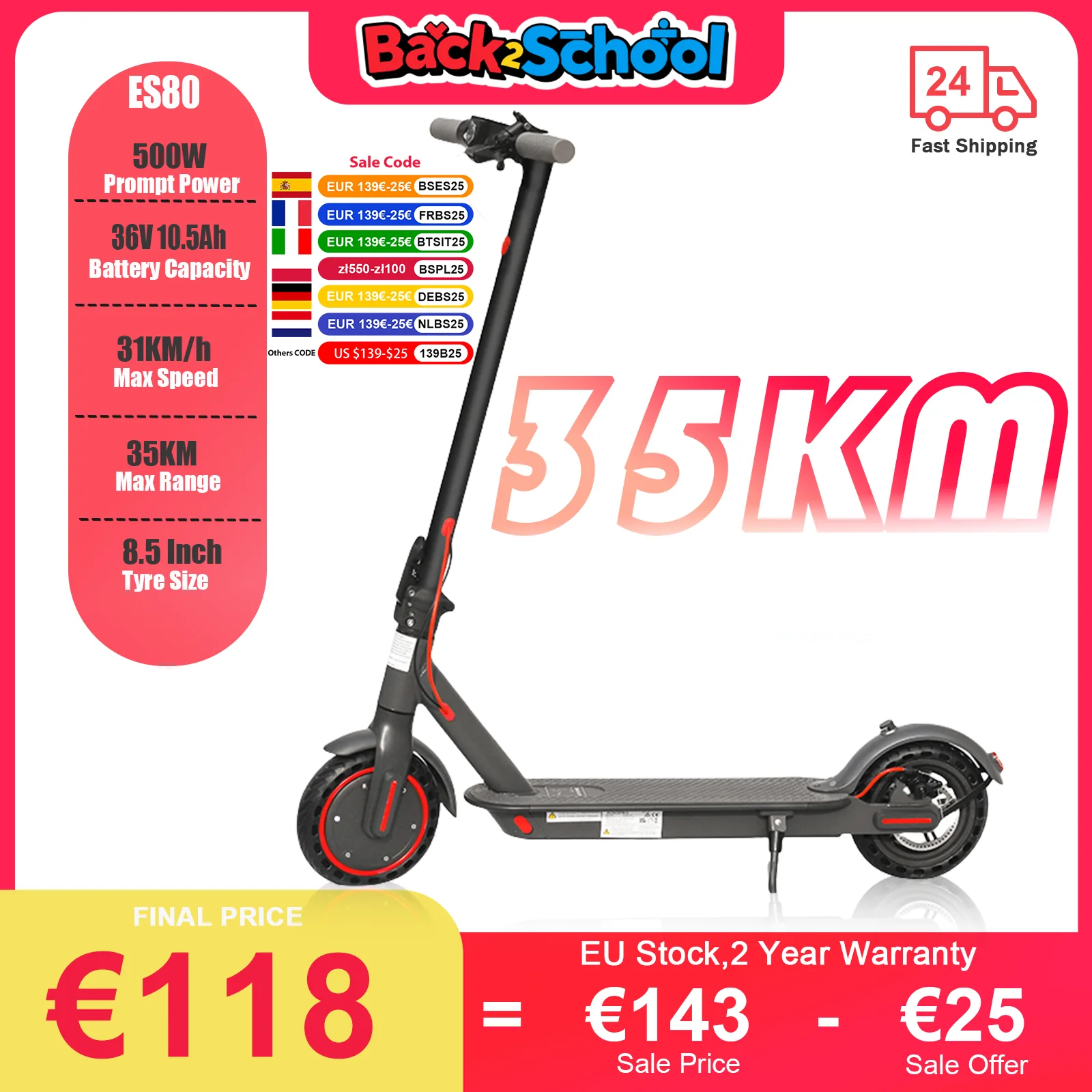ES80/M365 X1 Scooter Elettrico 36V 10.5Ah 500W Motore 35KM Lungo Raggio 31KM/H 8.5 Pollici Pneumatici Solidi Pieghevole Smart APP EScooter