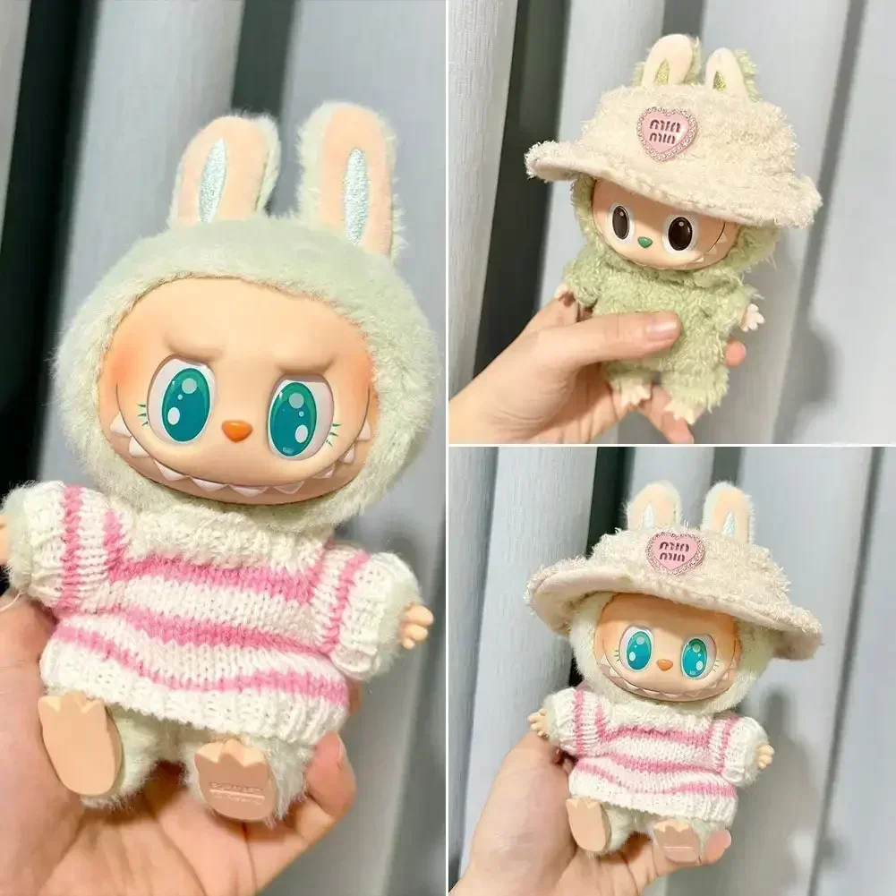 Baju boneka lucu untuk Labubu V1 V2 Idol Fashion Sweater pakaian pesta duduk bergaris Pink putih Sweater Cup pakaian