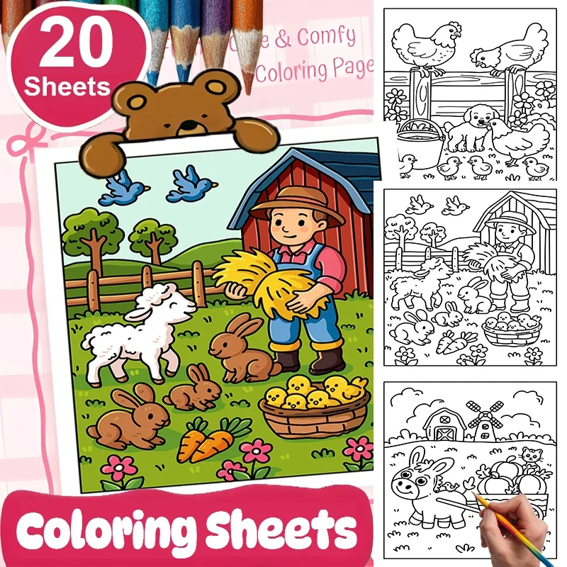 

20 Sheets Farm-Animals Coloring Book Paper Sheets for Adult Stress Relief | Colouring Paper Sheets for Valentine's Day Gifts