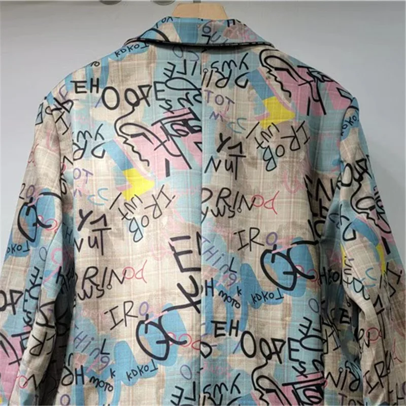Veste de costume à carreaux avec lettres Graffiti imprimées, couleur contrastée, Cowboy, Patchwork, col cranté, manches longues, manteau blazer féminin