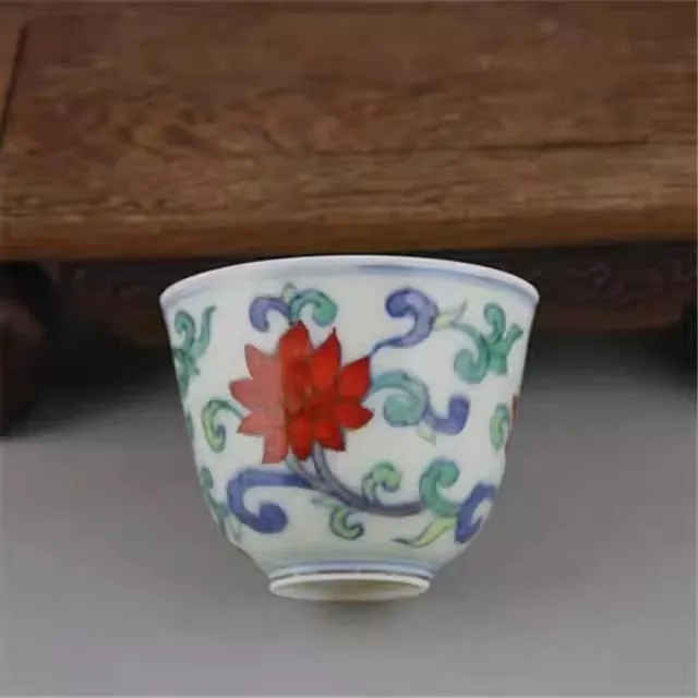 Chinese Blue and White Doucai Porcelain Cup Ming Chenghua Lotus Design 2.50 inch