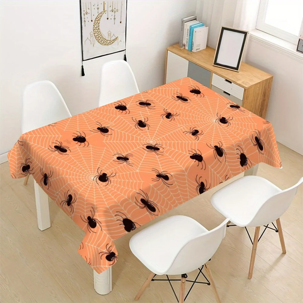 Spooky Tablecloth, Spider & Cobweb Pattern Cover, Waterproof Table Cloth for Dining Table, Halloween Party Home Decoration