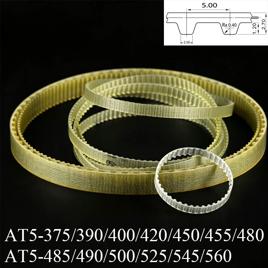 Courroie synchrone trapézoïdale à denture trapézoïdale en acier PU AT5, pas de 5 mm, modèles AT5-375/390/400/420/450/455/480/485/490/500/525/545/560