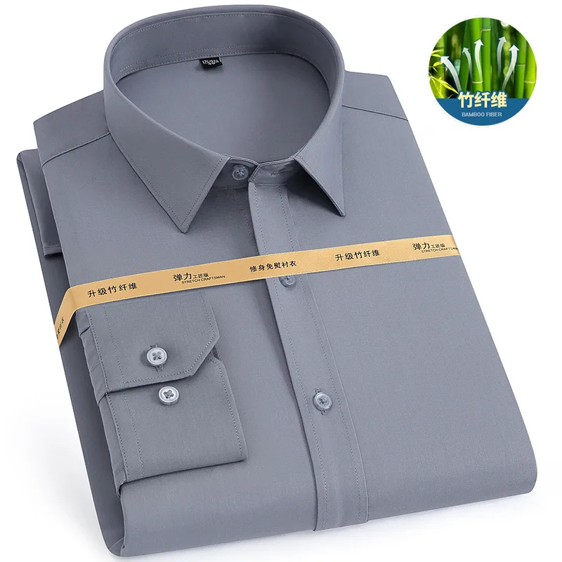 

High-end Work Men Shirt Bamboo Fiber Long Sleeve Shirt Men Anti-wrinkle Non-Iron Fashion Casual Business Office Blue White Shirt