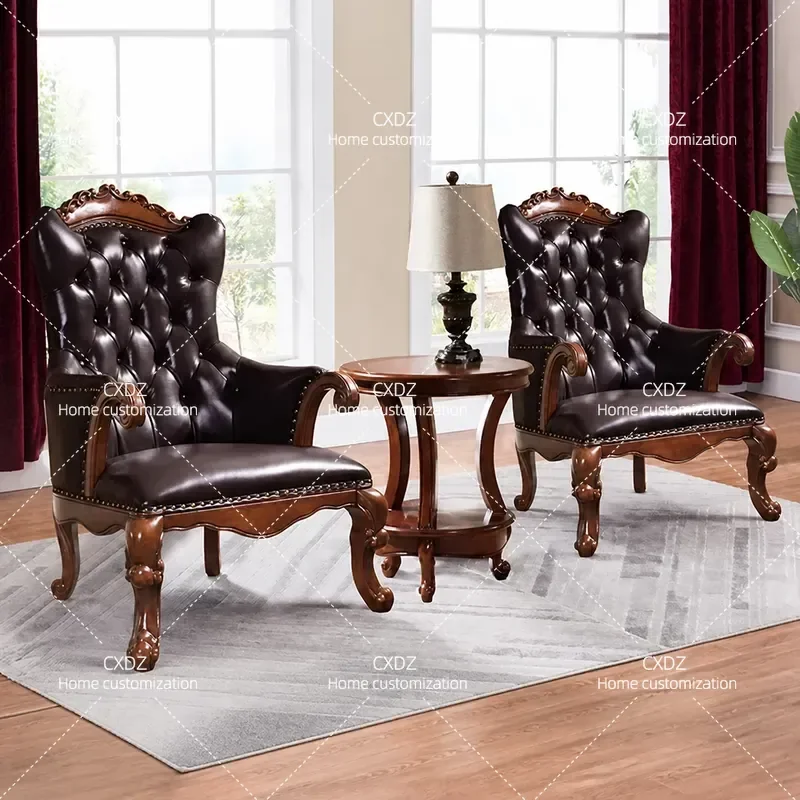 Solid Wood Leather Sofa Chair Living Room Single Seat Retro Leisure Armchair for Cafe Office Negotiation Lounge Furniture