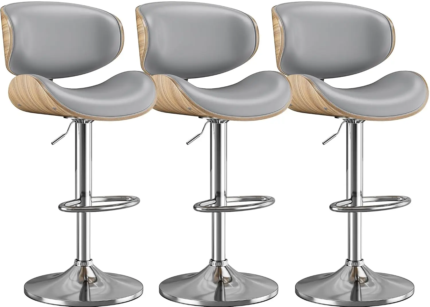 Swivel Adjustable Bar Stools Set Of 3 With Bentwood Backrest, Grey, Customized