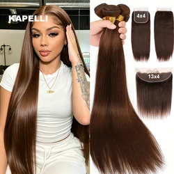 Chocolate Brown Straight Human Hair Bundles with Closure HD 4x4 13x4 Frontal Hair Bundles 100% Raw Remy Hair Weave Extensions