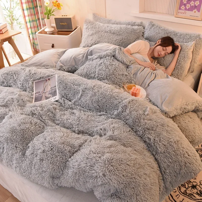 

3/4Pcs Solid Long Hair King Duvet Cover Set Winter Grey Flannel Fleece Bedding 200*230cm Bedclothes Dropship US FR Home Textile