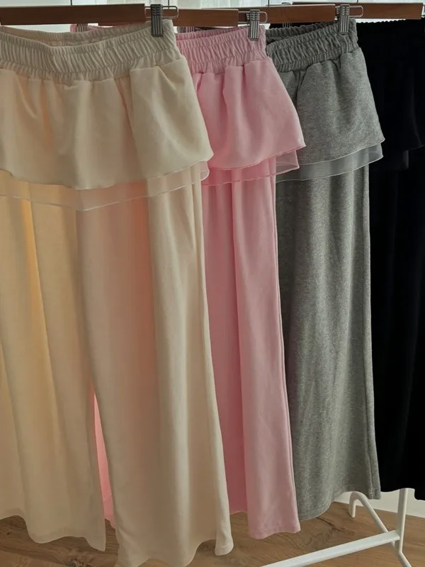 한국 스타일 하이웨이스트 플리츠 이중 레이어 스커트 스트레이트 레그 팬츠 여성용 봄 신상 에이지리스 개성 캐주얼 바지