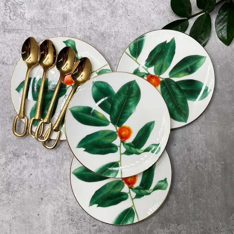 Luxury Hotel Restaurant Bone China Plate Set 6 Inch Salad Dessert Dish with Gold Spoon Fine Porcelain Tableware