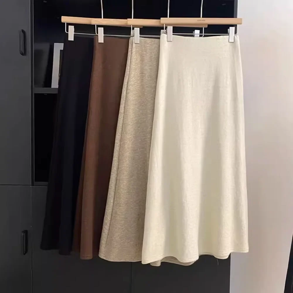 Women Winter Thick Solid Color Imitation Cashmere Skirt A-line Long Skirt Warm with Wool