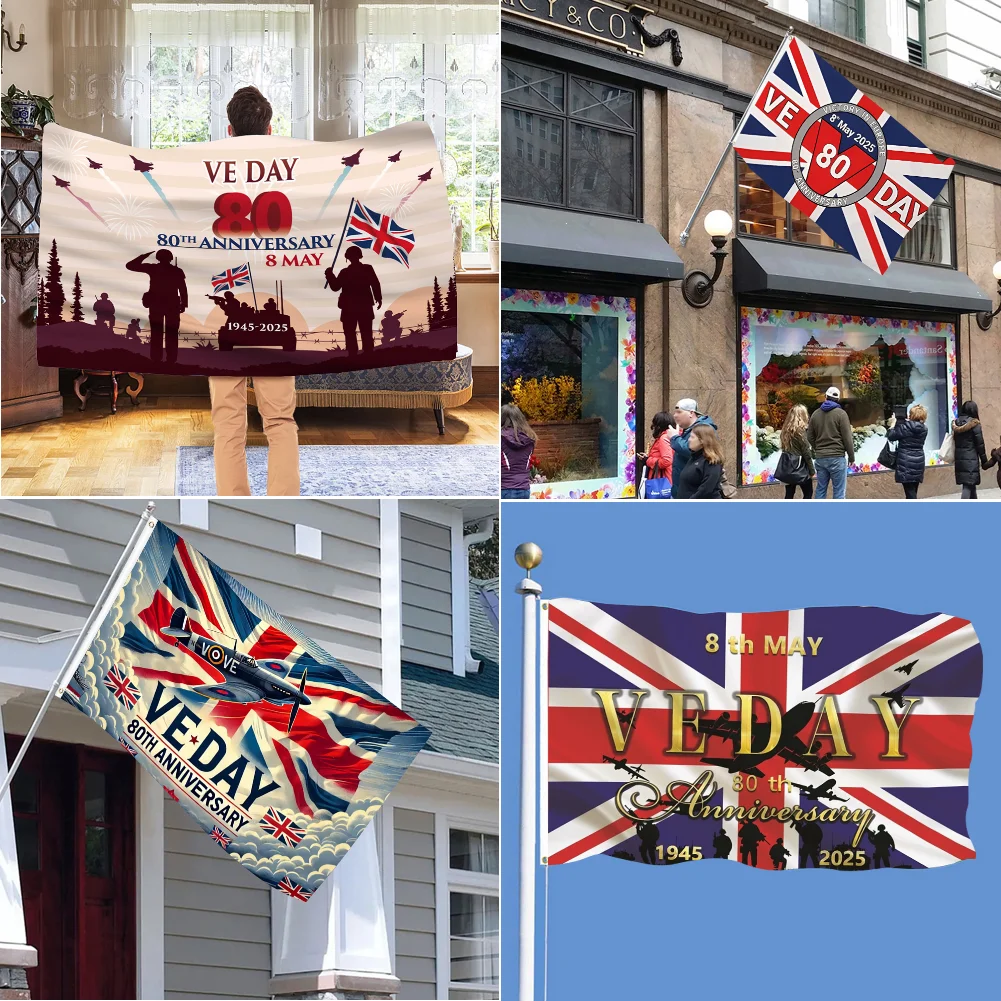 

VE Day 80th Anniversary Flag 2025 New Decorations Memorabilia One-Side 80 Years Victory In Europe Large Flag VE Day Decor 5'x3'