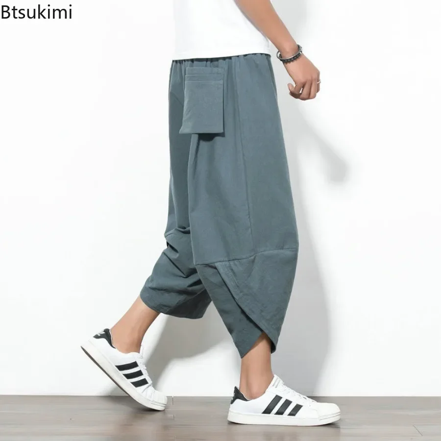 Summer Harem Pants for Men Solid Cotton Baggy Cross Calf Length Pants Male Elastic Waist Vintage Casual Trouser Trend Streetwear