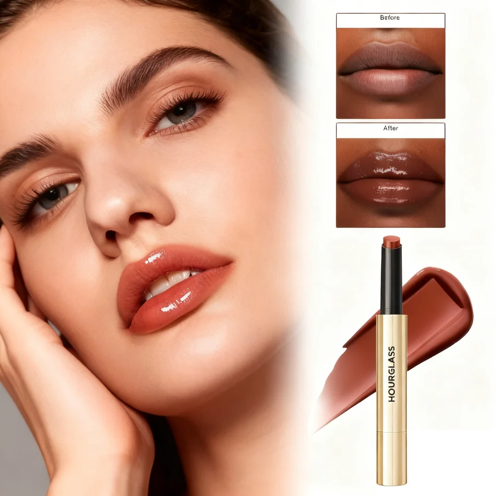 Bálsamo brillante de reloj de arena, brillo de labios hidratante voluminizador con espejo radiante, lápiz labial hidratante antiseco y agrietado de alto brillo